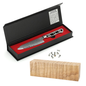 AUS-10 Japanese Damascus Katsura Santoku culinary knife kit with Figured Dark Curly Maple block